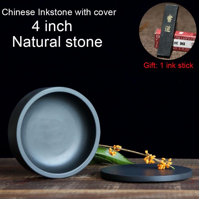 Chinese 4 inch Inkstone with Cover China Sumi-e Calligraphy Writing student Inkslab Grinding Ink-well Natural stone Inkwell