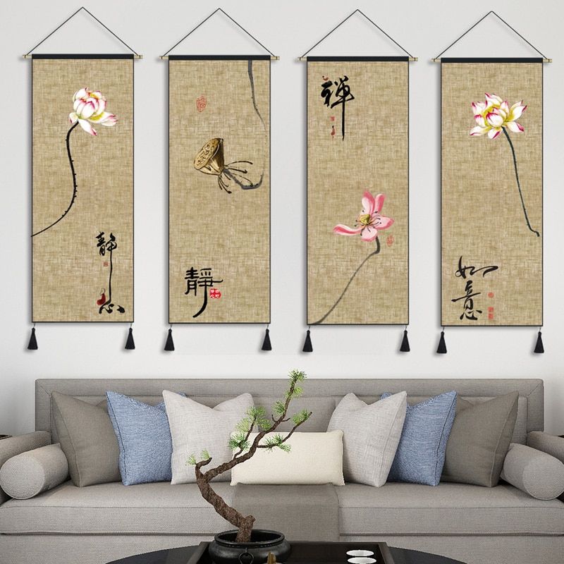 45cm*120cm Chinese Style Painting Scroll lotus Flower Linen Fabric Wall Hanging Picture