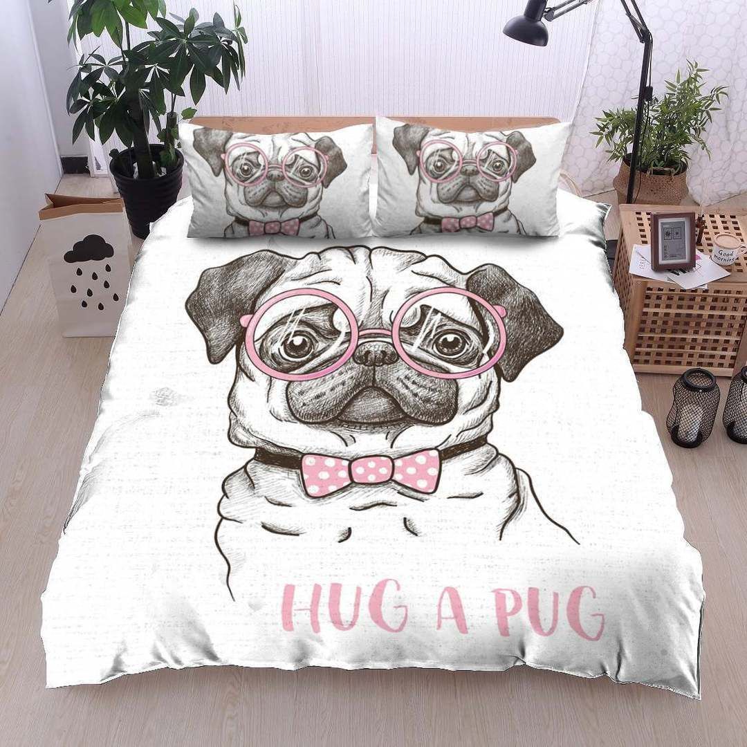 Polyester-Cotton PUG Dog Quilt Duvet Cover and Pillowcase Bedding Set White Super King Size
