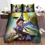 Halloween, Witch, A Crow On Her Hat Art Bed Sheets Spread Duvet Cover Bedding Sets