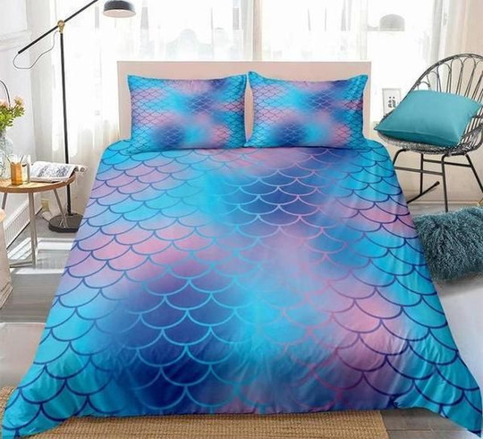 Blue Purple Mermaid Scale Cotton Bed, Mermaid Scales Duvet Cover Twin