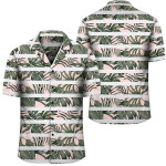 Hawaii Tropical Dark Green Leaves Seamless Pattern White Stripes Pink Background Hawaiian Shirt