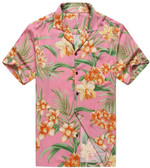 Made In Hawaii Men'S Hawaiian Shirt Aloha Shirt Orange Floral With Green Leaf In Pink
