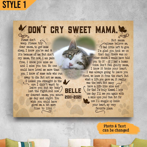 Don't Cry Sweet Mama Cat Poem Printable Horizontal Canvas Poster Framed Print Butterfly Shape Personalized Cat Memorial Gift For Cat Mom
