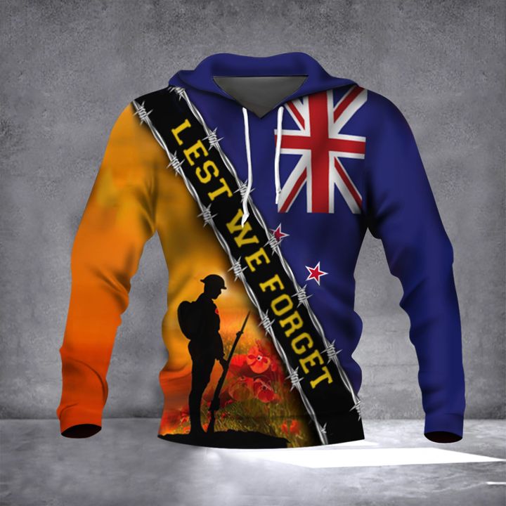 Lest We Forget New Zealand Flag Hoodie Remembrance Anzac Day Veterans Gift