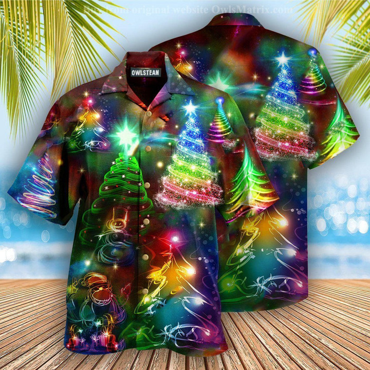 Colorful Neon Christmas Tree Hawaiian Shirt Merry Xmas 2021 Holiday Clothing