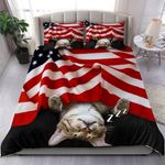 Cat Sleeping USA Flag Bedding Set Cute Cat Comforter Gift Ideas For Cat Lovers