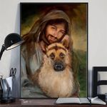 German Shepherd With Jesus Poster Christian Religious Wall Decor Easter Gift For Him - Pfyshop.com