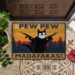 Black Cat Wear Mask Pew Pew Madafakas Doormat Funny Front Door Welcome Mat Cat Lovers