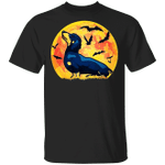 Blue Dachshund Halloween Moon With Bats T-Shirt Halloween T-Shirt Designs For Dachshund Lovers