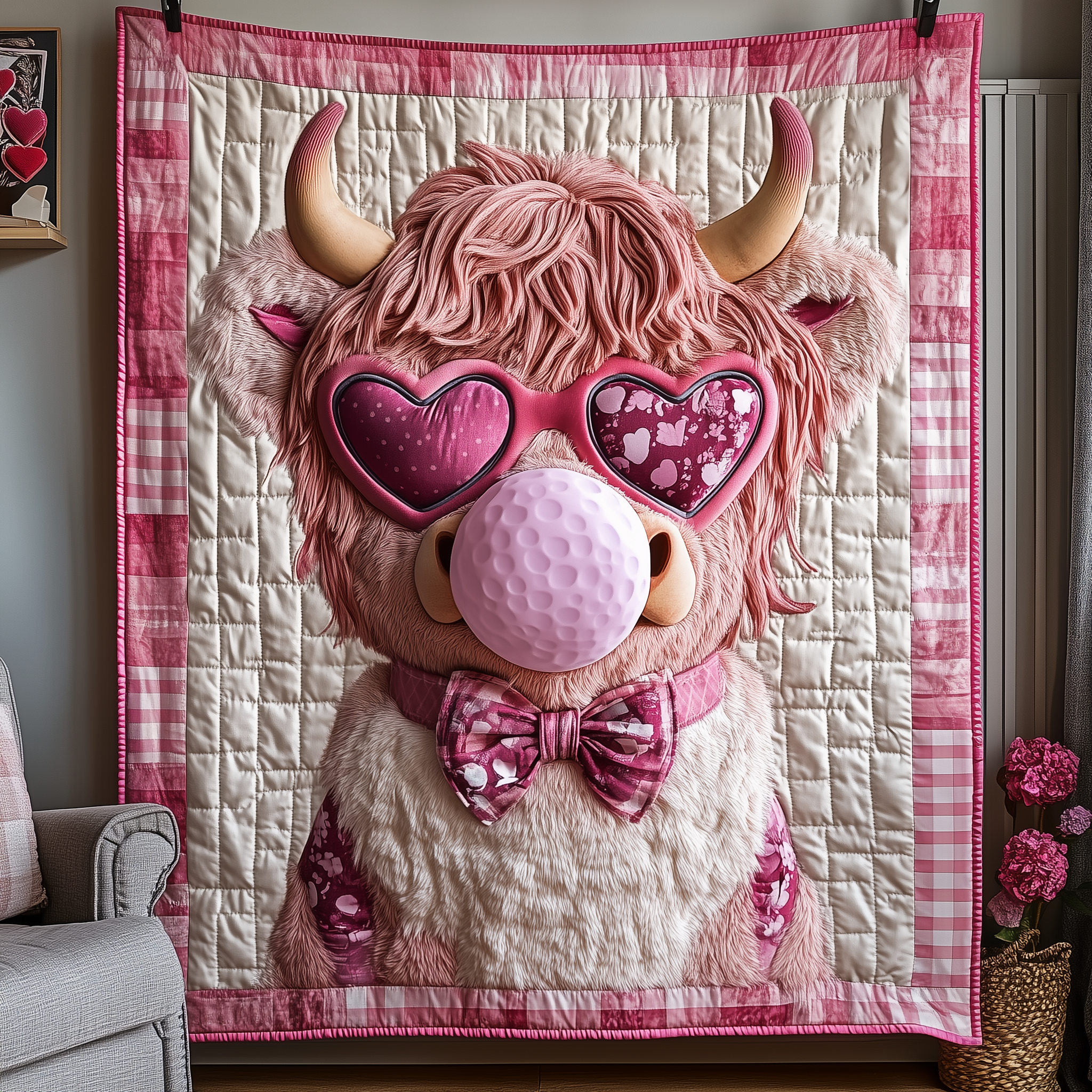 Valentine Highland Cow Quilted Blanket Cute Unique Blanket Item Merch Valentines Presents For Him