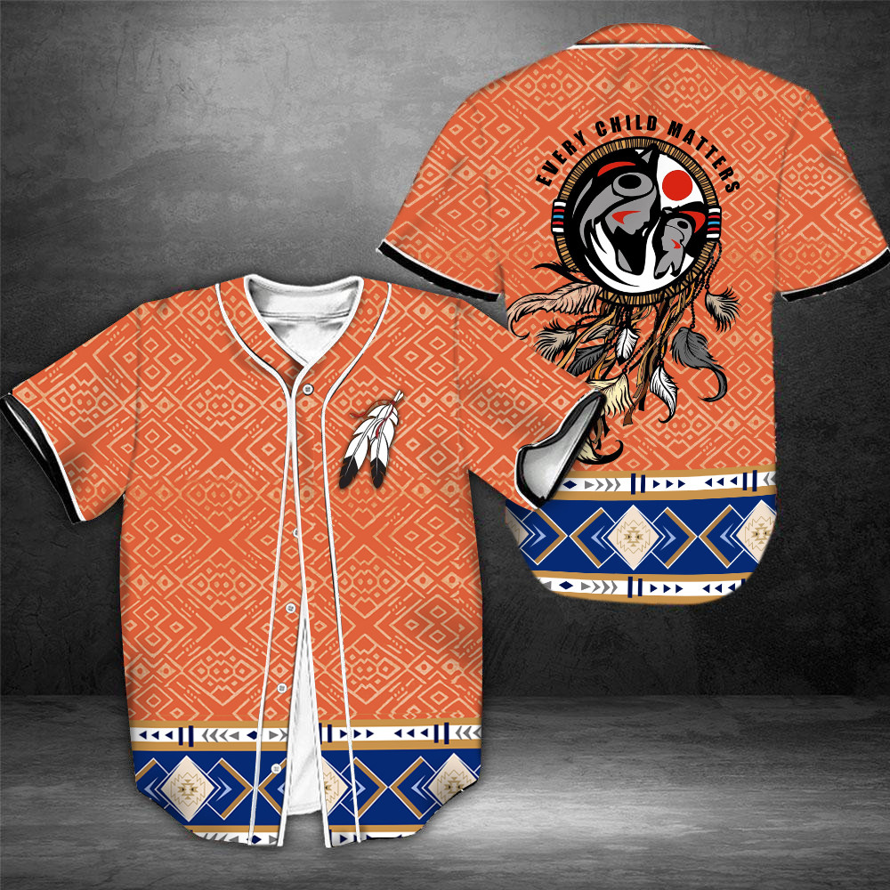 Wolf Every Child Matters Baseball Jersey Shirt Orange Feather Dream Catcher Pattern
