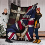 Cross Behind Britain Flag Blanket God Jesus Christ Patriots Merch Gifts For Christian