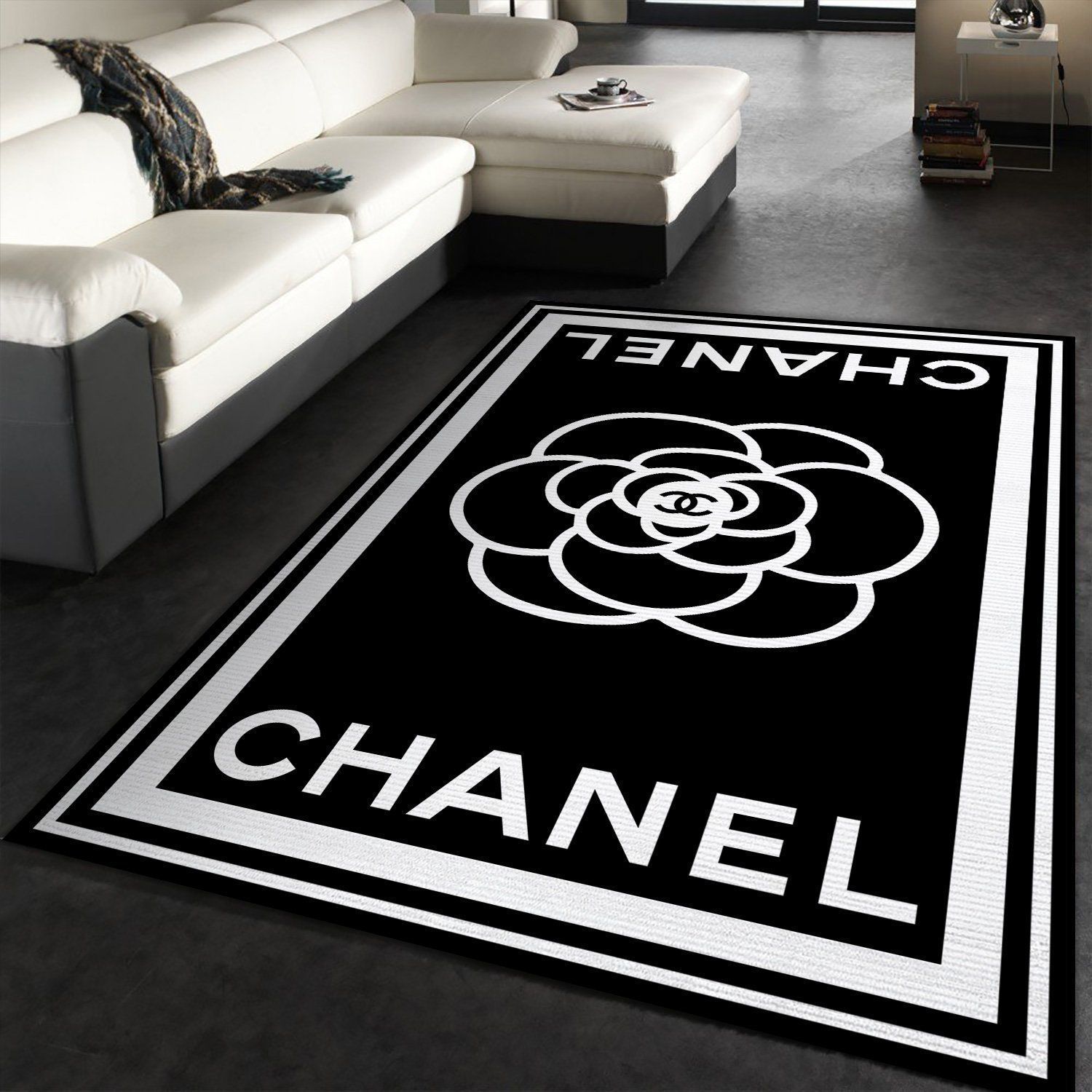 Chanel logo black and white living room area carpet living room rugs fn281002 the us decor - large ( 5 x 8 ft )