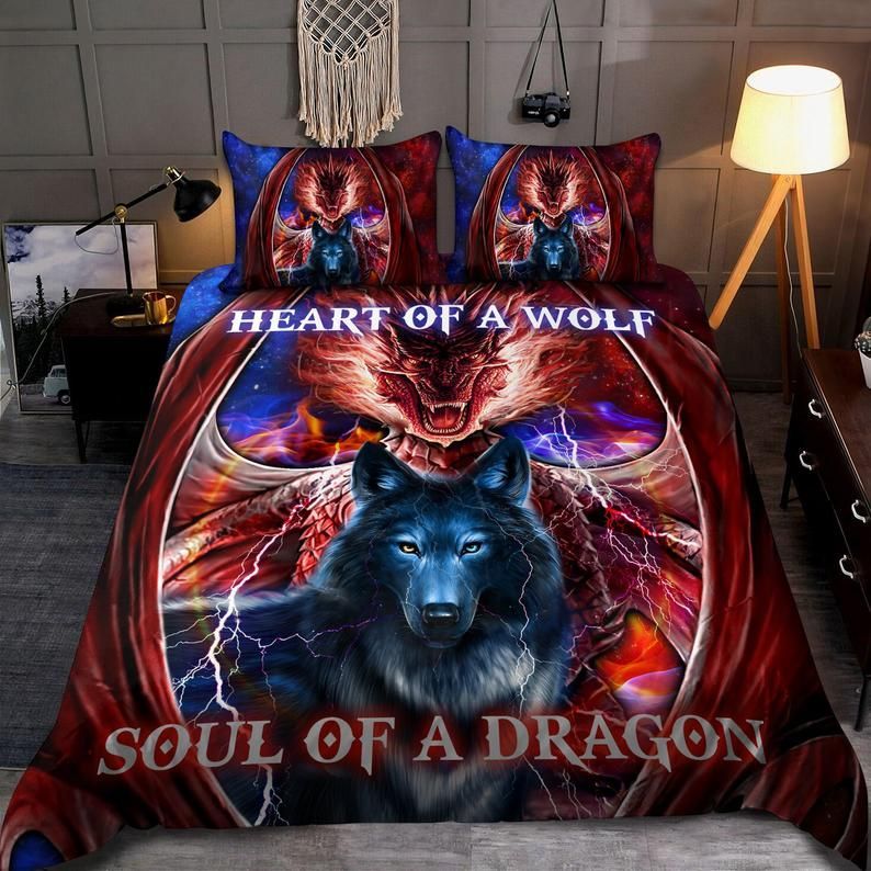 Heart of a Wolf Soul of a Dragon Pillowcases Duvet Quilt Bedding Set H97