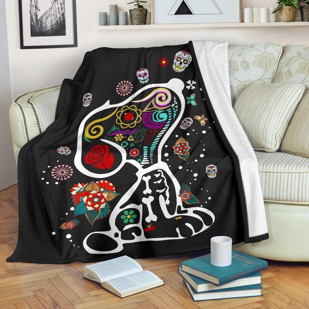 Colorful Snoopy and Skull Brocade Motifs Fleece Blanket, Premium Comfy Sofa Throw Blanket Gift H99