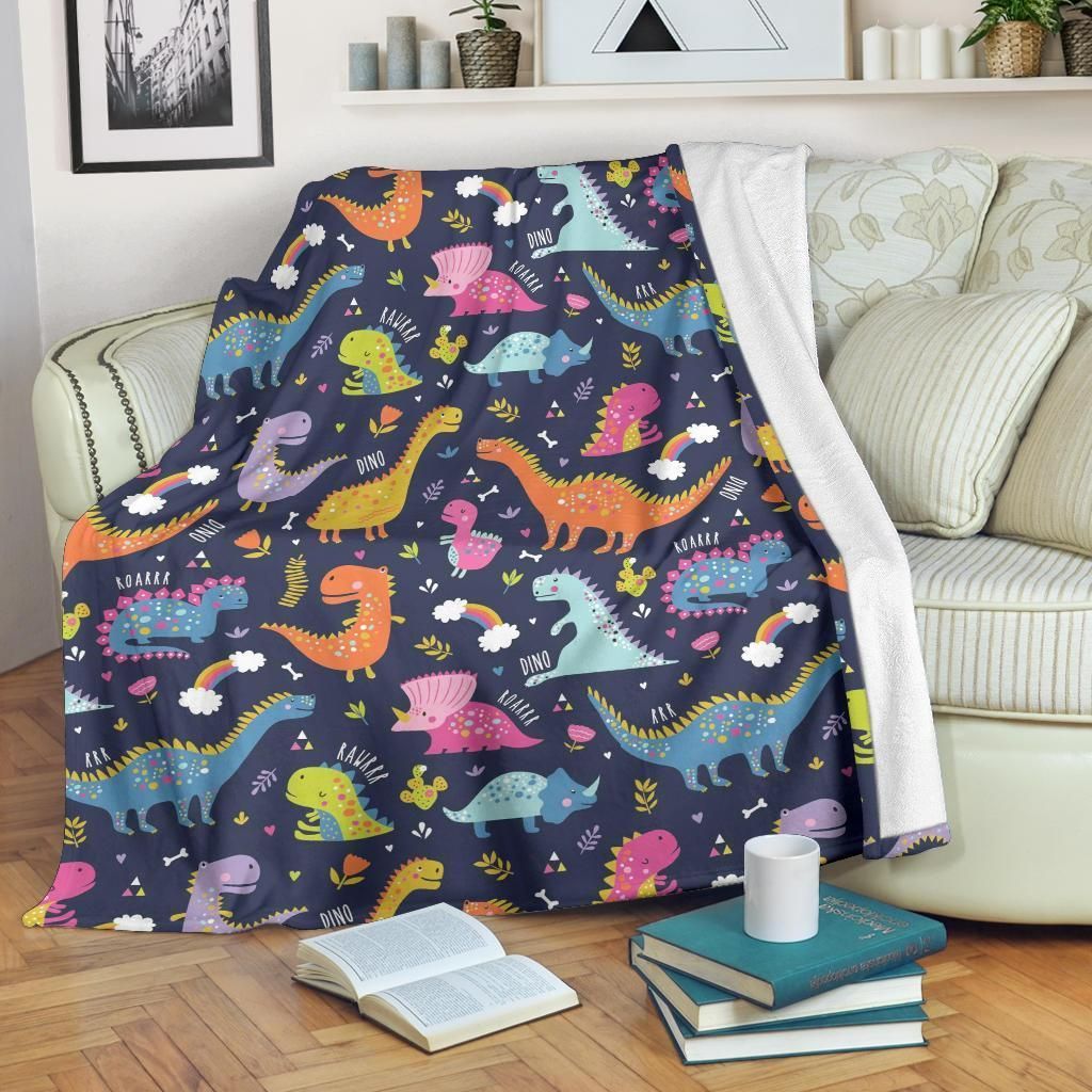 Cartoon Dino Dinosaur Fleece Blanket, Premium Comfy Sofa Throw Blanket Gift H99