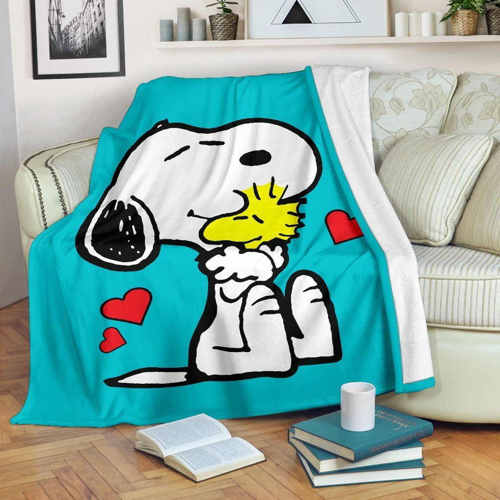 Turquoise Snoopy hug Woodstock Fleece Blanket, Premium Comfy Sofa Throw Blanket Gift H99