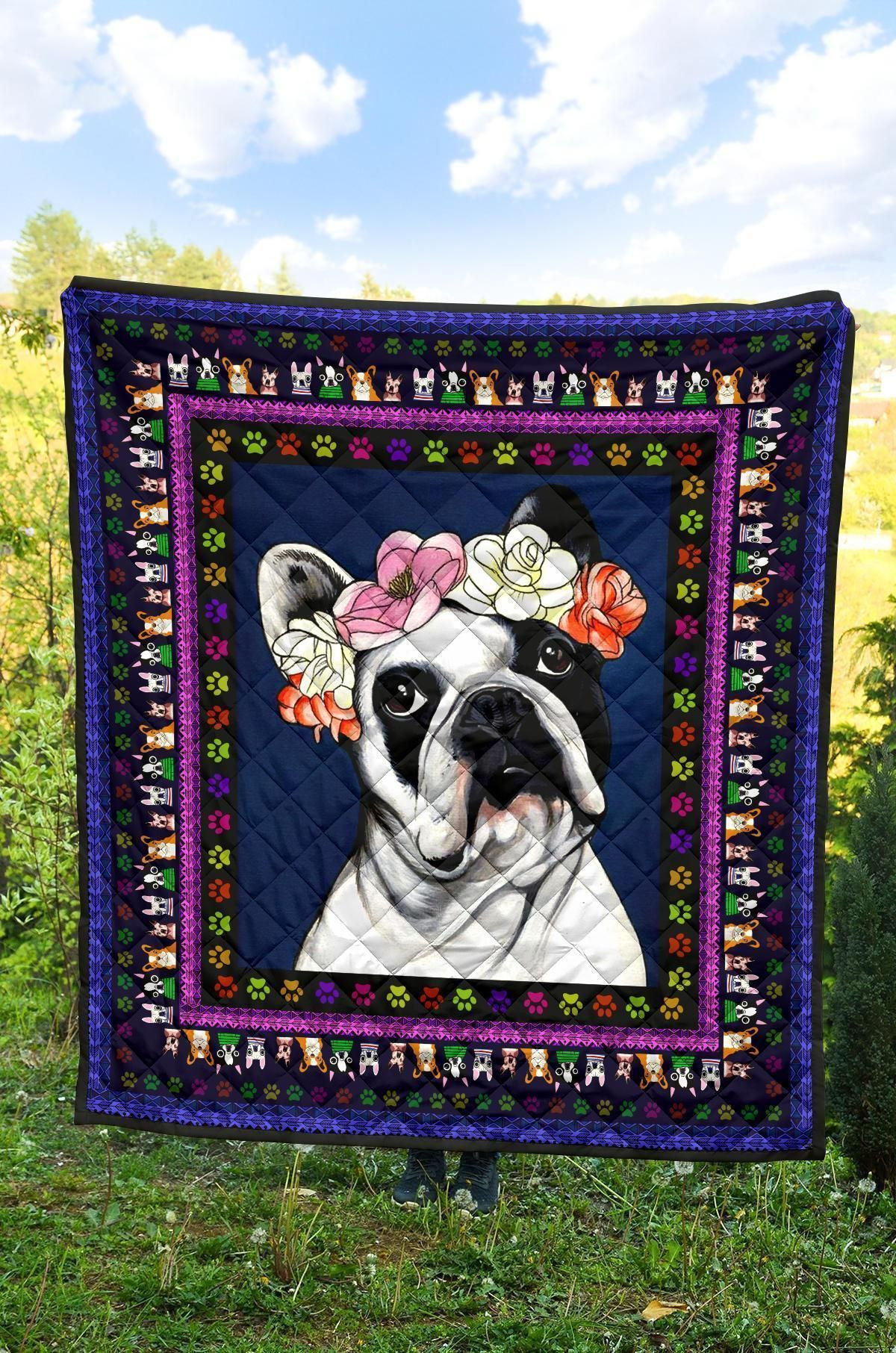 Cute French Bulldog Lover gift Floral French Bulldog Colorful Dog paws Quilt Blanket TN01