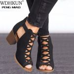 2021 Women Square Heel Sandals Peep Toe Hollow Out Chunky Gladiator Sandals with Strap Black Spring Summer Shoes HVT791
