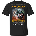 Never Underestimate A January Woman Loves Harry Potter T-shirt MT02-Bounce Tee