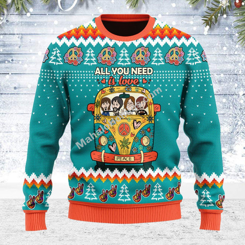 Merry Christmas Mahalohomies Unisex Ugly Christmas Sweater All You Need Is Love Hippie 3D Apparel