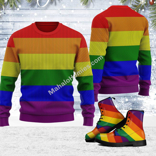 Merry Christmas Mahalohomies Unisex Ugly Christmas Sweater Rainbow Flag LGBTQ+ 3D Apparel