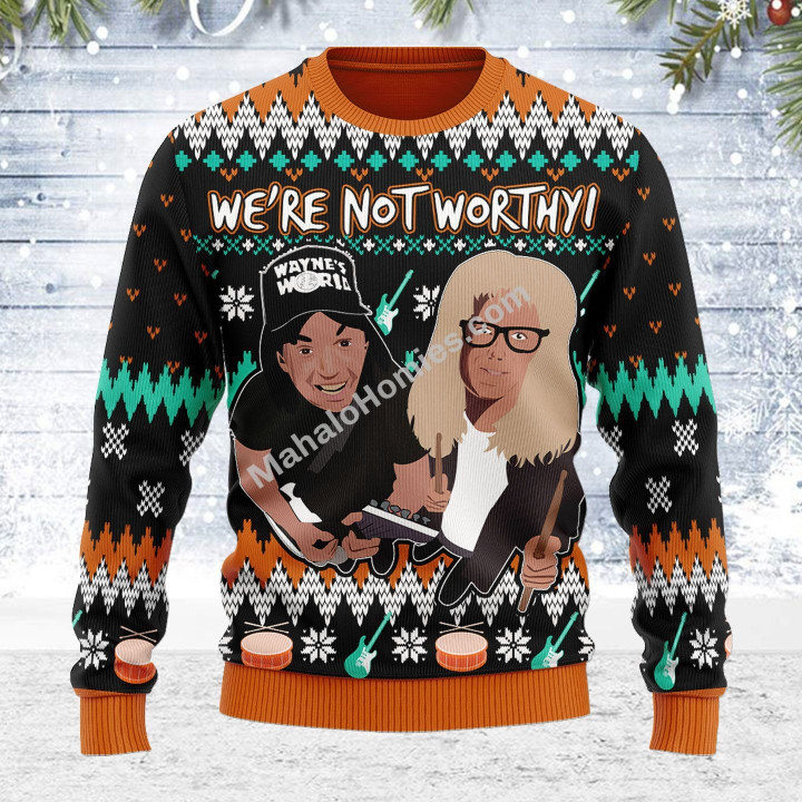 Merry Christmas Mahalohomies Unisex Ugly Christmas Sweater We're Not Worthy 3D Apparel