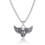 Stainless Steel Long Chain Angel Wing Feather Skull Pendant Necklace