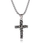 Punk Vintage Embossed Rose Flower Cross Stainless Steel Pendant Necklace for