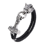 New Stainless Steel Wolf Head Norse Viking Amulet Thor Hammer Men Leather Bracelet