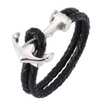 Silver Braided Anchor Bracelet Men's Black Leather Bracelets in Stainless Steel