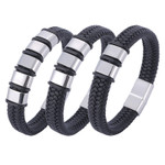 Customizable Beaded Woven Bangles Black Artificial Leather Bracelets For Men