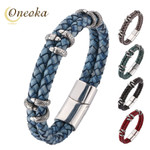 100% Brand New Double Layer Braided Bracelets Blue Genuine Leather Wristband