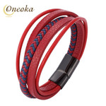 Red Braided Leather Cords Fashion Multilayer Bracelets Magnetic Clasp Jewelry