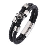 Titanium Steel Spades Skull Bracelets Black Double Braided Leather Rope Chain