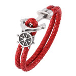 Anchor Clasp Red Double Layer Genuine Leather Woven Boat Rudder Charm Bracelet