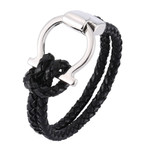 Men's Double Layer Black Real Leather Bracelet Braided U-shaped Toggle Clasp