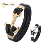 Wholesale Double Black Leather Stacked Steel Color Anchor Charm Bracelets Men
