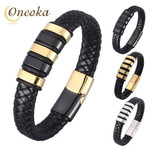 Punk Style Beaded Bracelet Wholesale New Black Real Leather Braided Wristband