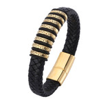 Men Braided Black Leather Bracelets with Eight Small Beads in Gold Plating
