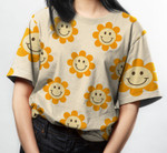 70s Retro Smiley Floral Face Pattern T-Shirt