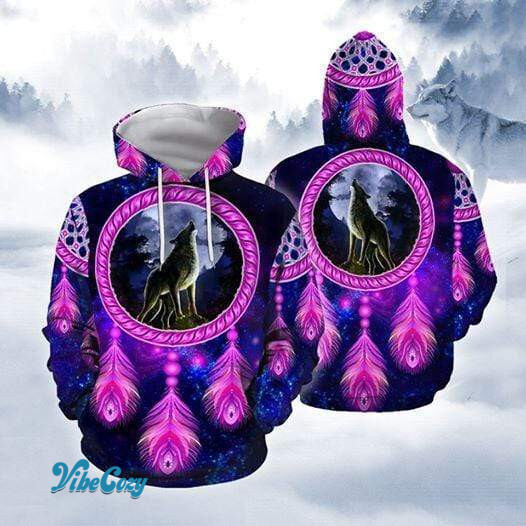 Awesome Wolf With Purple Dreamcatcher Hoodie 3D