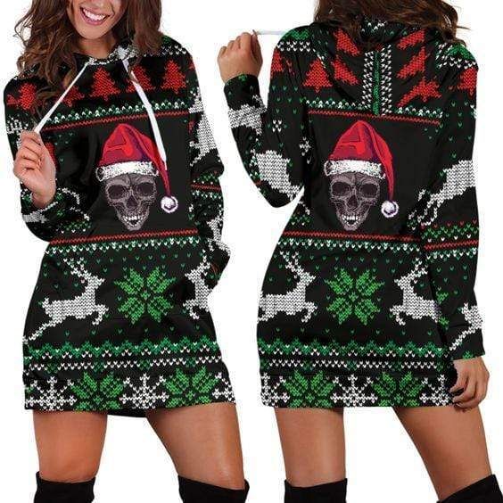Christmas Santa Skull Black Hoodie Dress 3D All Over Print