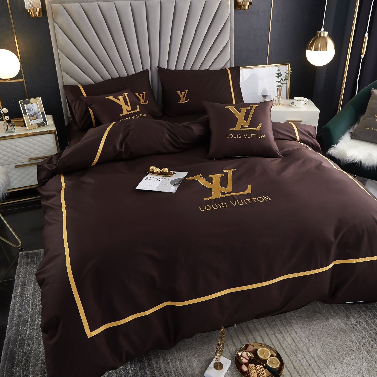 Lv type 191 bedding sets duvet cover lv bedroom sets luxury brand bedding - set 4 pcs (1 duvet cover + 1 bed sheet + 2 pillowcases) / king