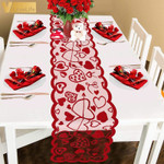 Love Table Runner Red Heart Print Decorations Red Lace Wedding Party Valentines Day Gift Home Table Cloth 33x183cm/13x72inch