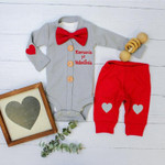 Valentines Days 3pcs Baby Boys Clothes Sets 0-24M Heart Printed Bow Tie Romper, Long Sleeve Outwears+Pants