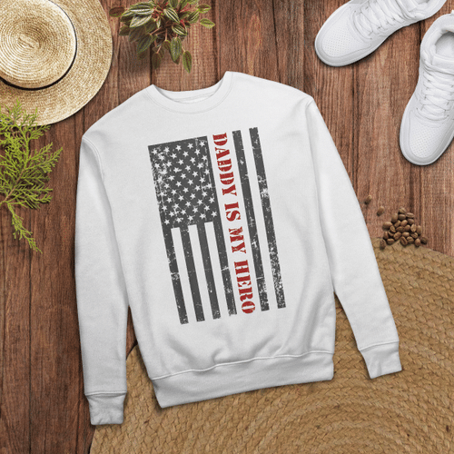 Woonistore T-shirt, hoodie, tank top, sweatshirt, long sleeve tee Mens Fathers Day 4th of July American Flag Daddy Is My Hero T-Shirt