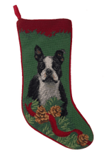 Needlepoint Christmas Dog Breed Stocking -Boston Terrier With Pine Cones