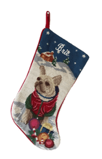 Needlepoint Christmas Dog Breed Stocking -Tan Frenchie Winter Scene